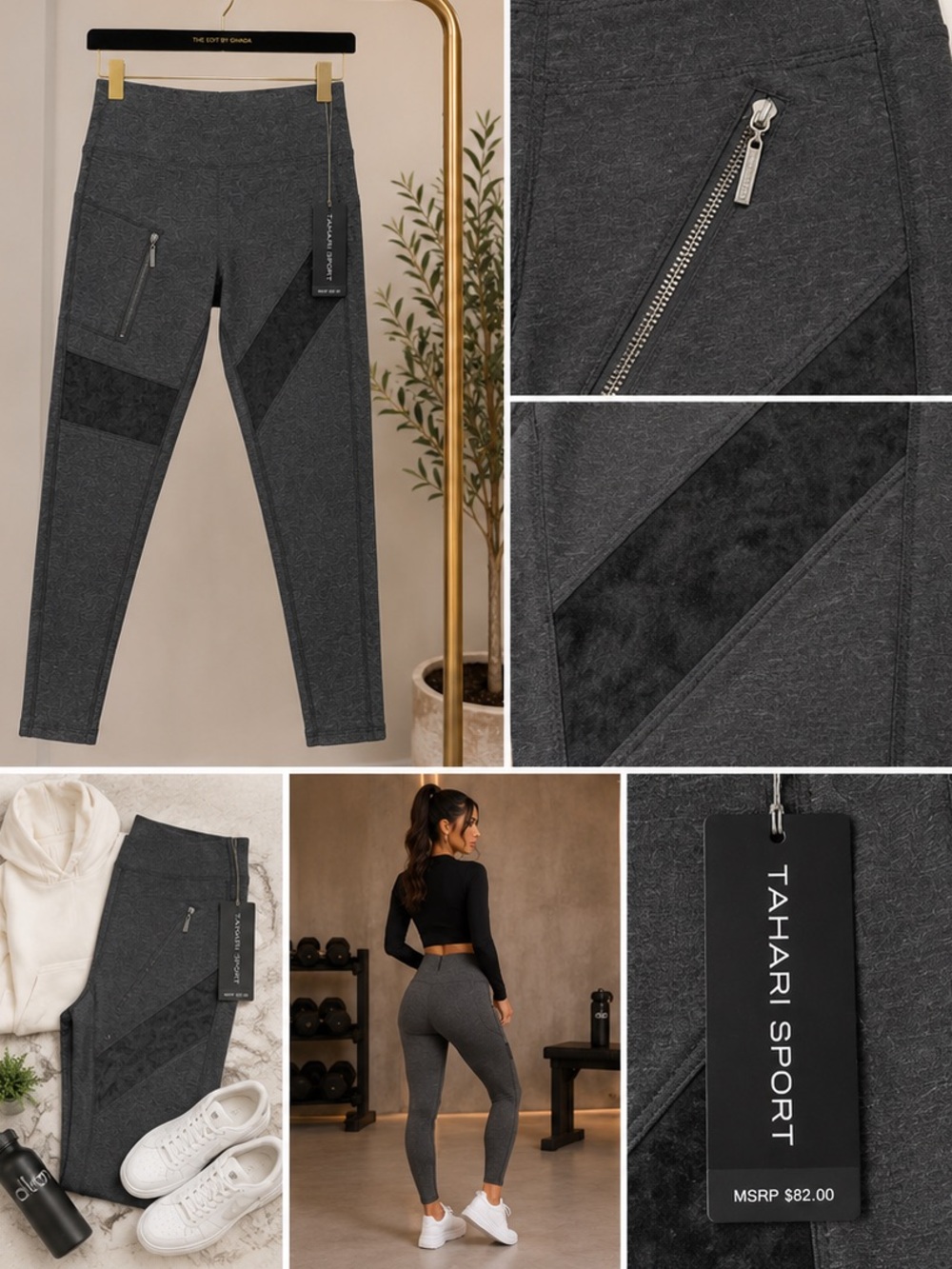 NWT Tahari Sport Grey Moto Leggings | High Rise | Zip Pocket | faux suede
